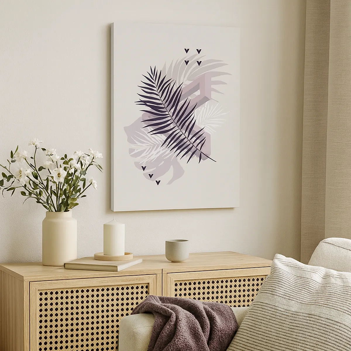 Obraz na płótnie - Stylizowana grafika liści palmowych na jasnym tle - 50x70cm - Cień cienia - Nowoczesna dekoracja ścienna do salonu, kuchni i sypialni ARTTOR