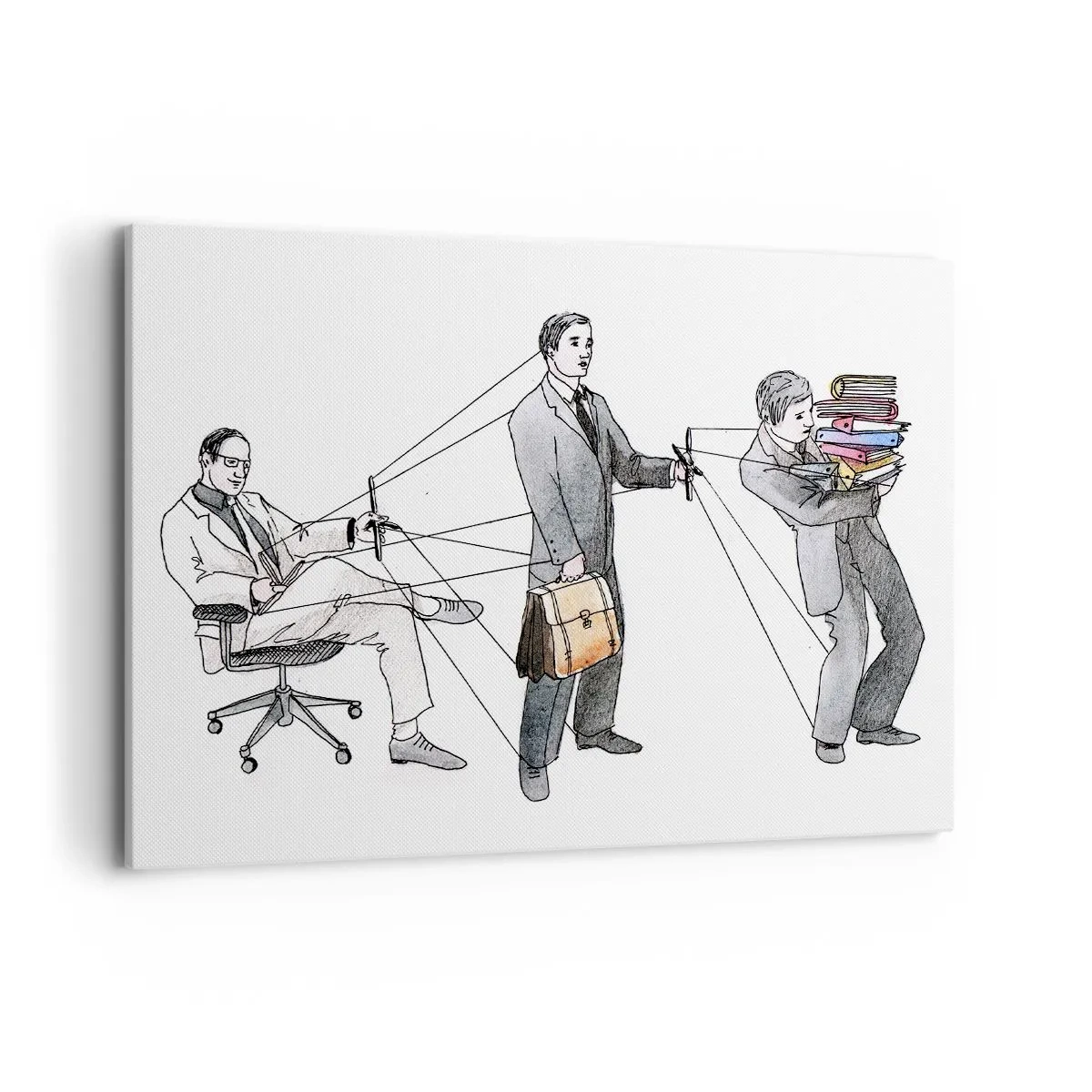 Obraz na płótnie - Ilustracja ukazująca ludzi sterowanych jak marionetki - 100x70cm - Każdy swego pana ma - Nowoczesna dekoracja ścienna do salonu, kuchni i sypialni ARTTOR