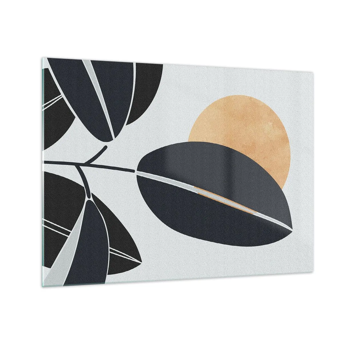 Obraz na szkle - Stylizowane liście w czerni z pomarańczowym słońcem w tle - 70x50cm - Dzień gorącego lata - Nowoczesna dekoracja ścienna do salonu i sypialni ARTTOR