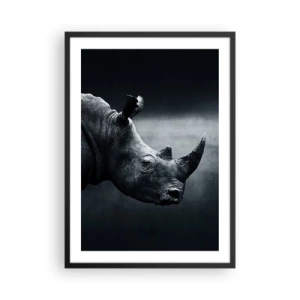 Plakat w czarnej ramie - Czarno-biały portret nosorożca na ciemnym tle - 50x70cm - Prawy profil - Nowoczesna dekoracja ścienna do salonu i sypialni ARTTOR