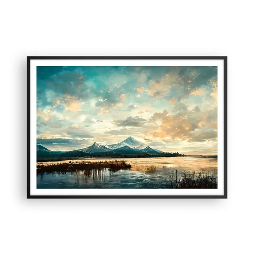 Plakat w czarnej ramie - Malowniczy krajobraz z górą i spokojnym jeziorem - 100x70cm - Pod opieką nieba - Nowoczesna dekoracja ścienna do salonu i sypialni ARTTOR