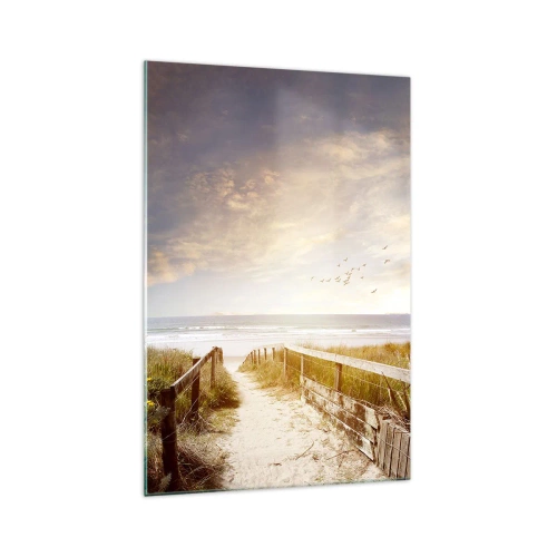 Obraz na szkle - Drewniana ścieżka prowadząca na plażę o zachodzie słońca - 70x100cm - Przestrzeń spokoju - Nowoczesna dekoracja ścienna do salonu i sypialni ARTTOR