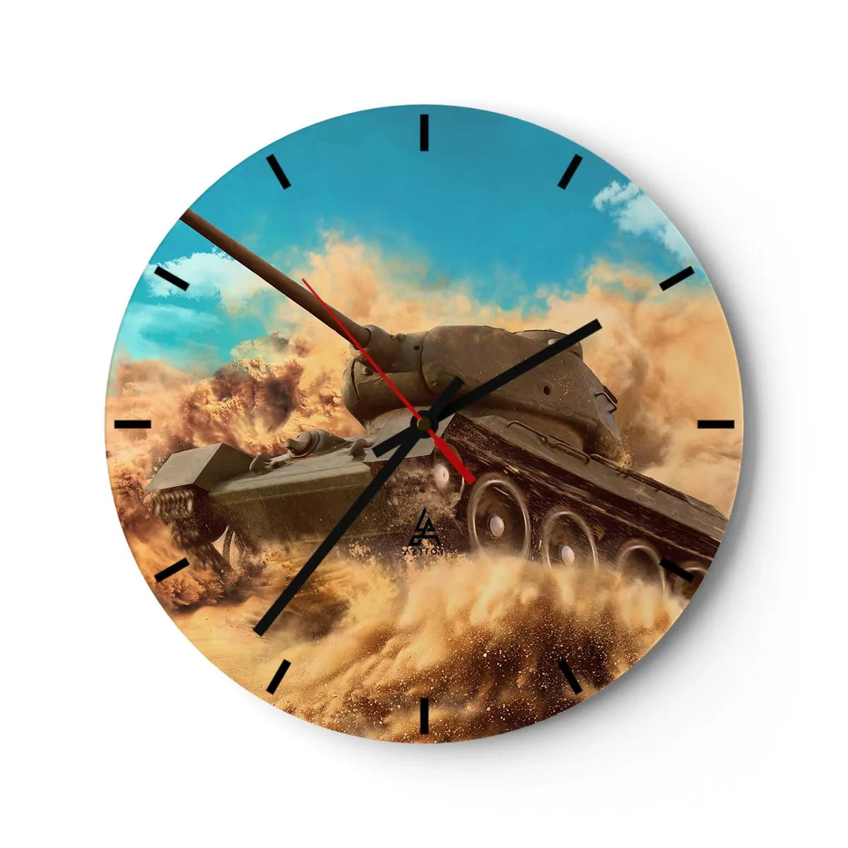 Zegar ścienny - Dynamiczna scena czołgu przemierzającego pustynię w akcji - 30x30cm - Nie do pokonania - Nowoczesna dekoracja ścienna do salonu, kuchni i sypialni ARTTOR