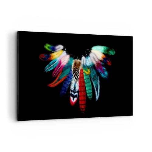 Obraz na płótnie - Kolorowe pióra na czarnym tle w artystycznej kompozycji - 120x80cm - Indiański naszyjnik - Nowoczesna dekoracja ścienna do salonu, kuchni i sypialni ARTTOR