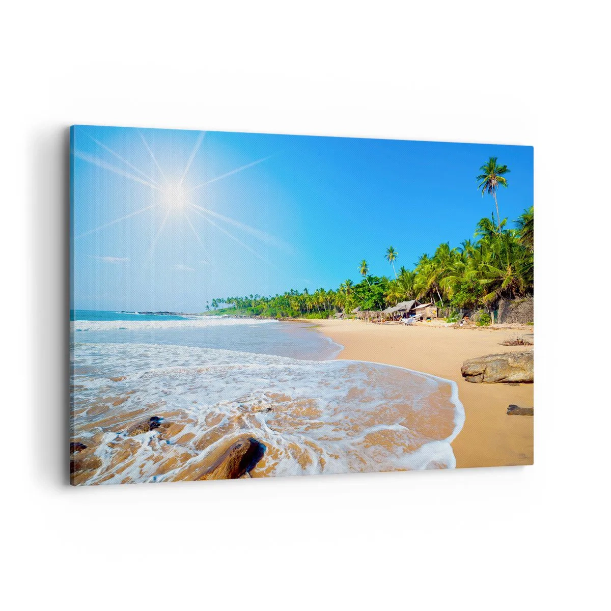 Obraz na płótnie - Tropikalna plaża z palmami i błękitnym niebem - 120x80cm - Egzotyczne miejsce dla ciebie - Nowoczesna dekoracja ścienna do salonu, kuchni i sypialni ARTTOR