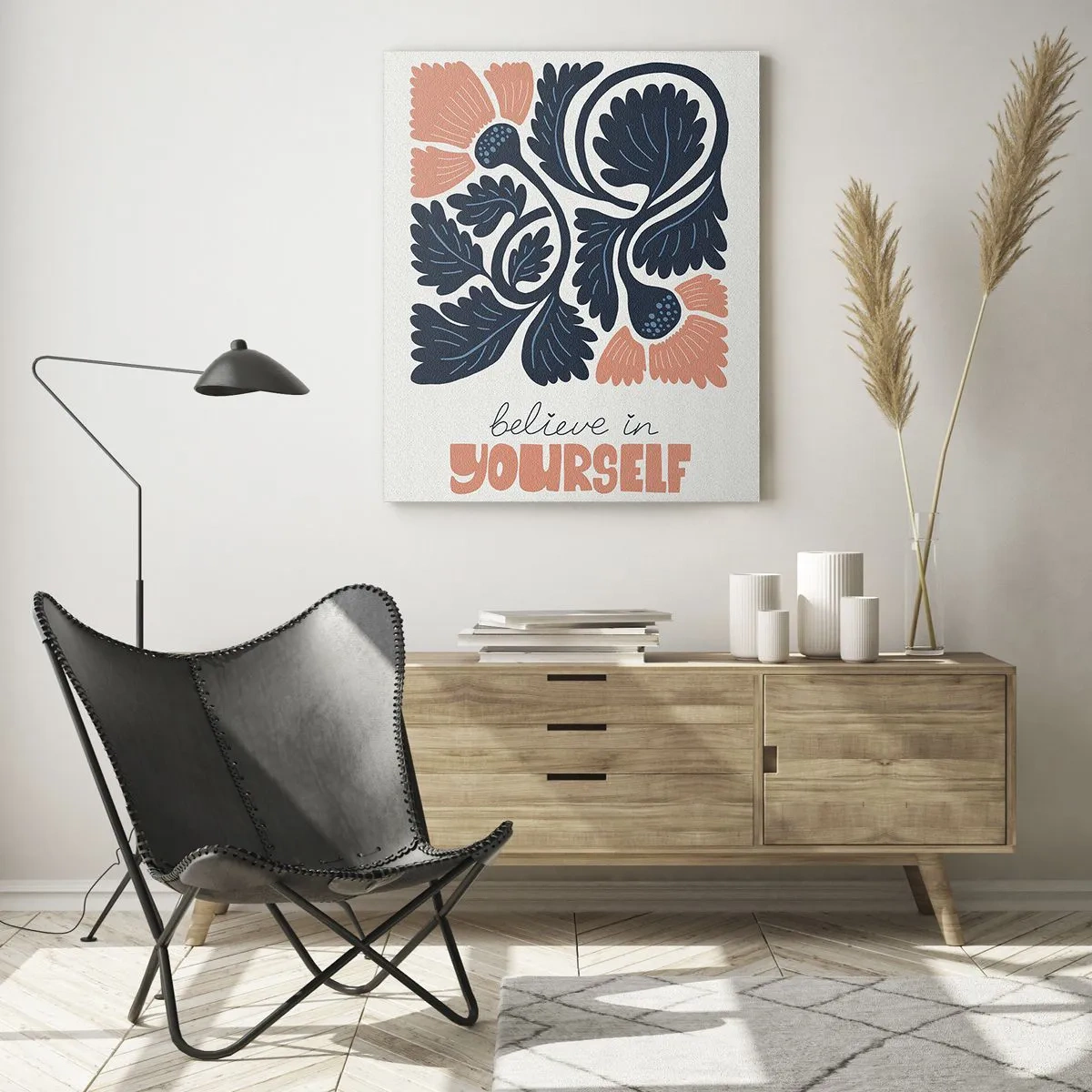 Obraz na szkle - Stylizowane kwiaty w granatowo-pomarańczowych barwach z inspirującym napisem - 80x120cm - I ty rozkwitaj - Nowoczesna dekoracja ścienna do salonu i sypialni ARTTOR