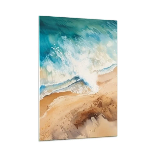 Obraz na szkle - Błękitna morska fala rozbijająca się o piaszczysty brzeg z lotu ptaka - 50x70cm - Powracająca fala - Nowoczesna dekoracja ścienna do salonu, kuchni i sypialni ARTTOR