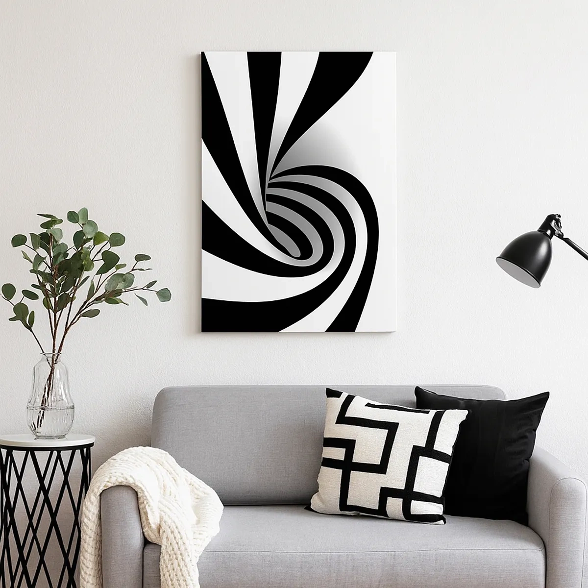 Obraz na płótnie - Hipnotyzujący czarno-biały wir - 50x70cm - A jednak się kręci - Nowoczesna dekoracja ścienna do salonu, kuchni i sypialni ARTTOR