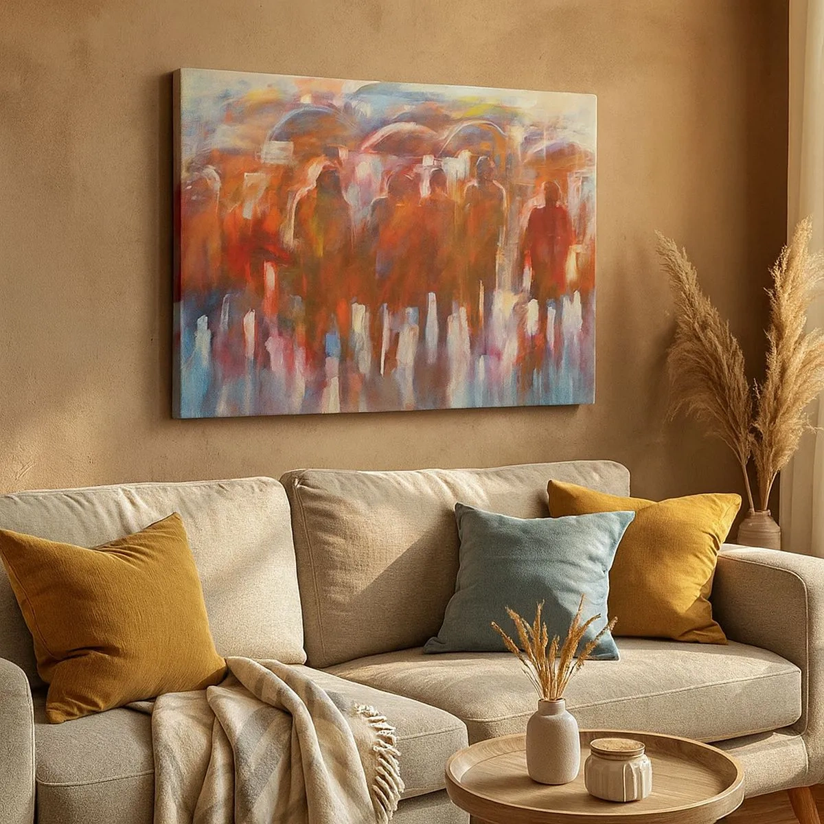 Obraz na płótnie - Tłum ludzi z parasolami w deszczowej, artystycznej scenerii - 70x50cm - Równi w deszczu i mgle - Nowoczesna dekoracja ścienna do salonu i sypialni ARTTOR