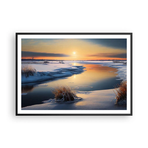 Plakat w czarnej ramie - Zimowy krajobraz z rzeką o zachodzie słońca - 100x70cm - Zimowy zachód słońca - Nowoczesna dekoracja ścienna do salonu i sypialni ARTTOR