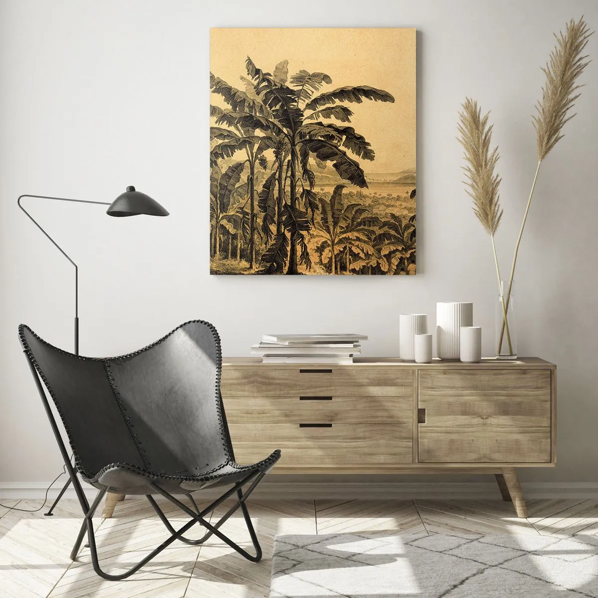 Obraz na szkle - Zabytkowa ilustracja plantacji bananowców z odległą górą w tle - 50x70cm - w kolonialnym klimacie - Nowoczesna dekoracja ścienna do salonu, kuchni i sypialni ARTTOR