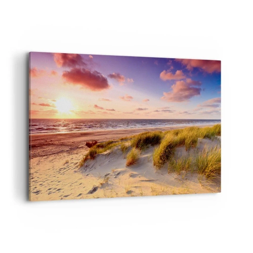 Obraz na płótnie - Plaża z trawami i zachód słońca nad spokojnym morzem - 120x80cm - Już latem pachnie powietrze - Nowoczesna dekoracja ścienna do salonu, kuchni i sypialni ARTTOR