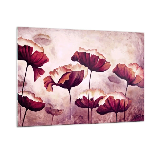 Obraz na szkle - Czerwono-białe maki na tle jasnego nieba - 120x80cm - Płatek czerwony i biały - Nowoczesna dekoracja ścienna do salonu, kuchni i sypialni ARTTOR
