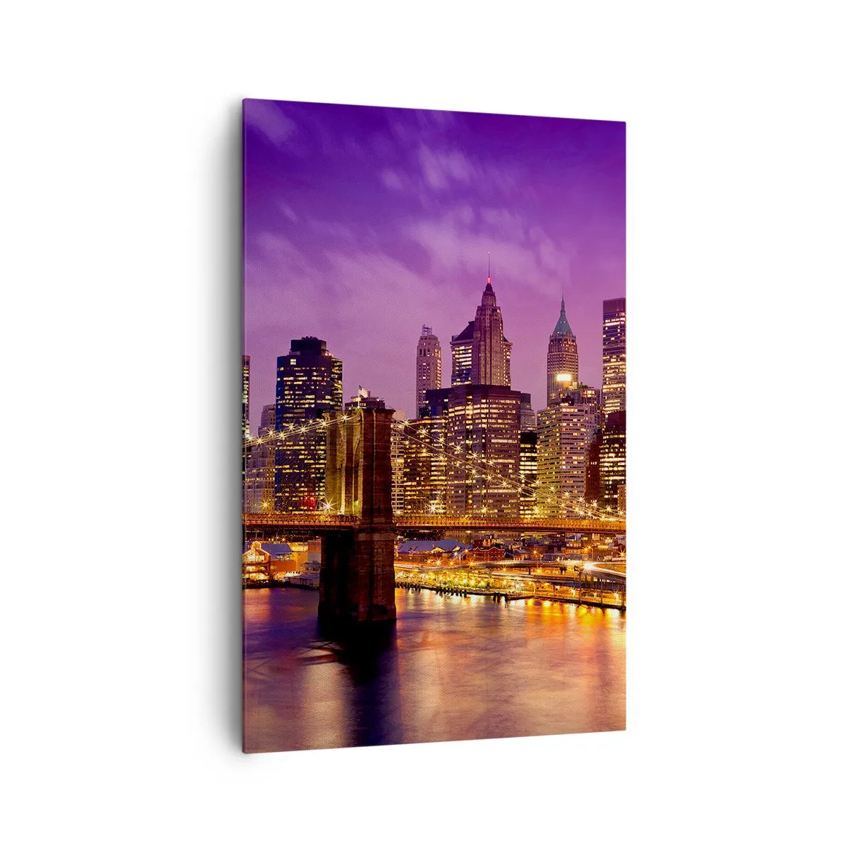 Obraz na płótnie - Panorama miasta z mostem w świetle wieczornych świateł na tle fioletowego nieba - 80x120cm - Fioletowo-złoty Manhathann - Nowoczesna dekoracja ścienna do salonu i sypialni ARTTOR