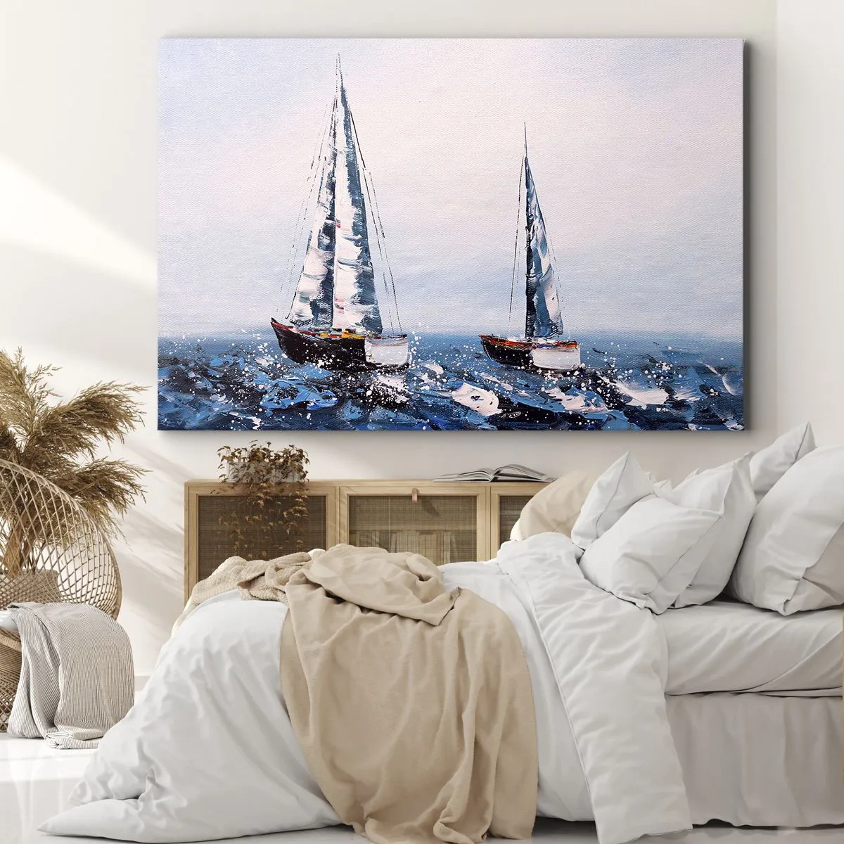 Obraz na płótnie - Żaglówki na wzburzonym morzu w malarskiej kompozycji - 70x50cm - Braterstwo wiatru - Nowoczesna dekoracja ścienna do salonu i sypialni ARTTOR