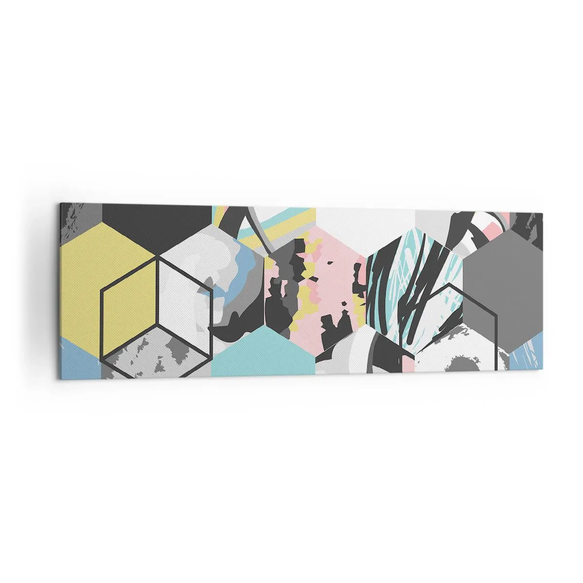 Obraz na płótnie - Geometryczny wzór heksagonów z kolorowymi abstrakcyjnymi detalami - 160x50cm - Sześciokąty i sześciany w sześciu barwach - Nowoczesna dekoracja ścienna do salonu i sypialni ARTTOR