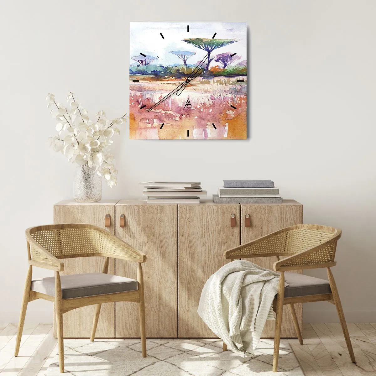 Zegar ścienny - Malowniczy krajobraz sawanny w akwarelowych barwach - 30x30cm - Kolory sawanny - Nowoczesna dekoracja ścienna do salonu i sypialni ARTTOR