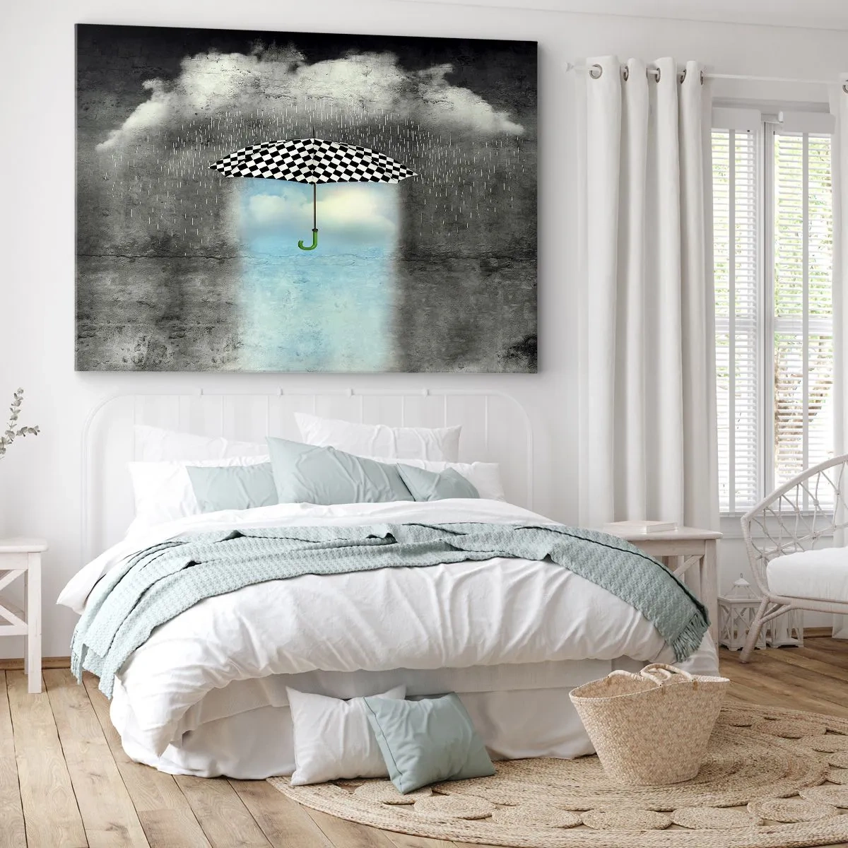 Obraz na płótnie - Parasol w szachownicę nad deszczowym krajobrazem - 70x50cm - A jednak możliwe - Nowoczesna dekoracja ścienna do salonu i sypialni ARTTOR