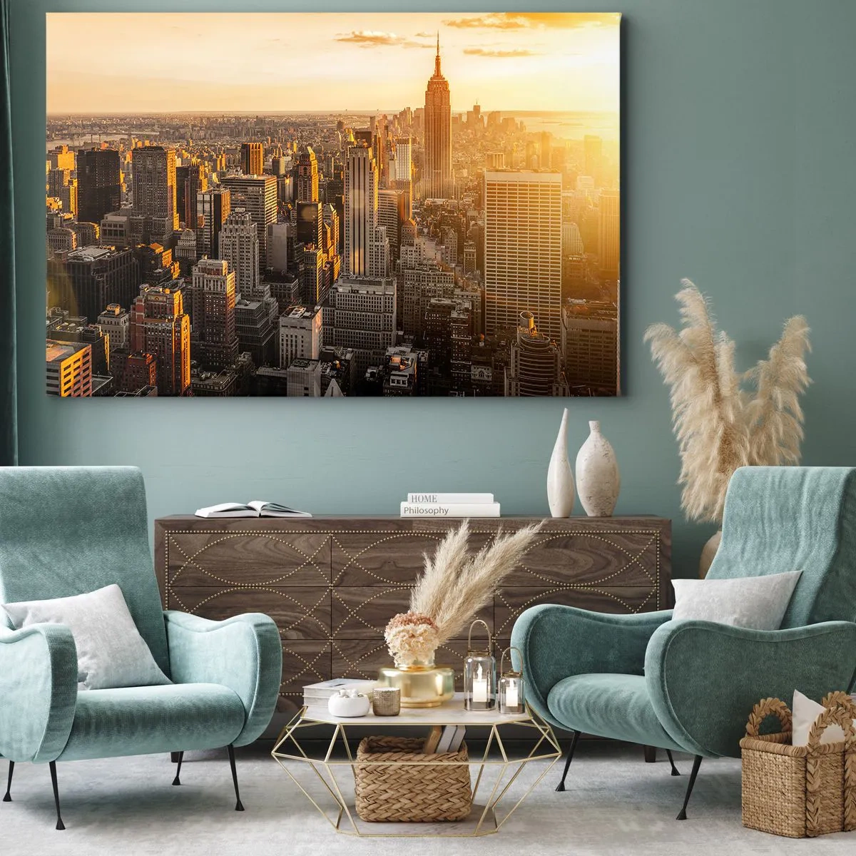 Obraz na płótnie - Panorama Nowego Jorku o zachodzie słońca z widokiem na Empire State Building - 70x50cm - Rosnąc w słońcu - Nowoczesna dekoracja ścienna do salonu i sypialni ARTTOR