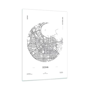 Obraz na szkle - Graficzna mapa Dohy w czarno-białym stylu minimalistycznym - 50x70cm - Anatomia Dohy - Nowoczesna dekoracja ścienna do salonu, kuchni i sypialni ARTTOR