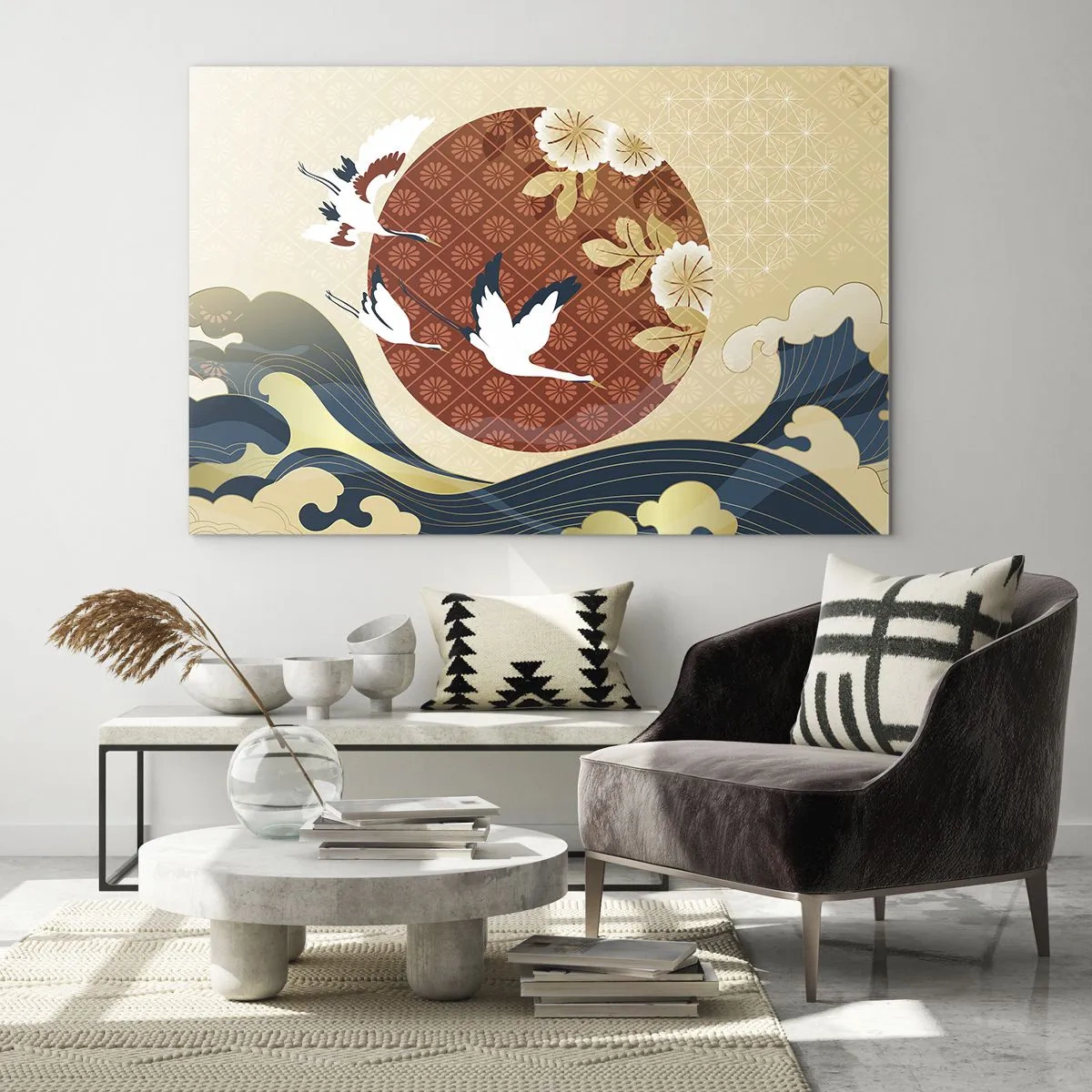 Obraz na szkle - Japońskie żurawie nad falami na tle czerwonego koła - 70x50cm - Japońska baśń - Nowoczesna dekoracja ścienna do salonu i sypialni ARTTOR