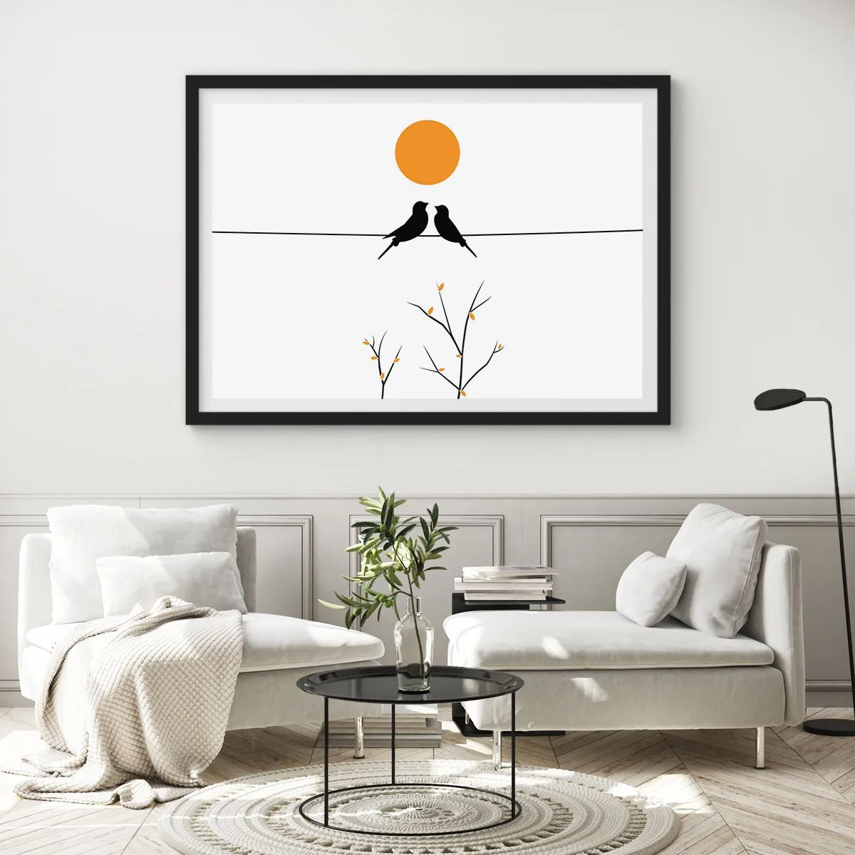 Plakat w czarnej ramie - Ptaki na linii z żółtym słońcem - 70x50cm - Słowiczy wieczór - Nowoczesna dekoracja ścienna do salonu i sypialni ARTTOR