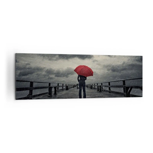 Obraz na płótnie - Osoba z czerwoną parasolką na deszczowym molo - 160x50cm - To nic, że pada - Nowoczesna dekoracja ścienna do salonu i sypialni ARTTOR