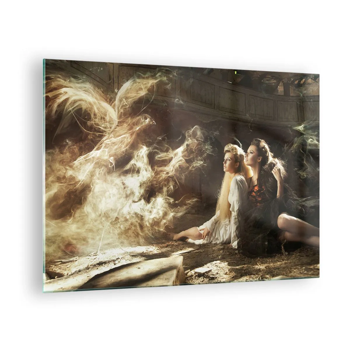 Obraz na szkle - Dwie kobiety z ognistym feniksem w magicznej scenerii - 70x50cm - I stała się poezja - Nowoczesna dekoracja ścienna do salonu i sypialni ARTTOR