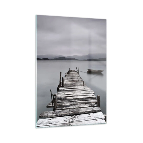 Obraz na szkle - Drewniany pomost na jeziorze w mglisty dzień - 50x70cm - Jutro możesz ruszać - Nowoczesna dekoracja ścienna do salonu, kuchni i sypialni ARTTOR