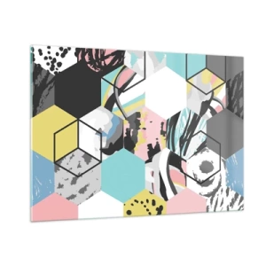 Obraz na szkle - Kolorowe sześciany i sześciokąty w nowoczesnej kompozycji - 100x70cm - Sześciokąty i sześciany w sześciu barwach - Nowoczesna dekoracja ścienna do salonu, kuchni i sypialni ARTTOR