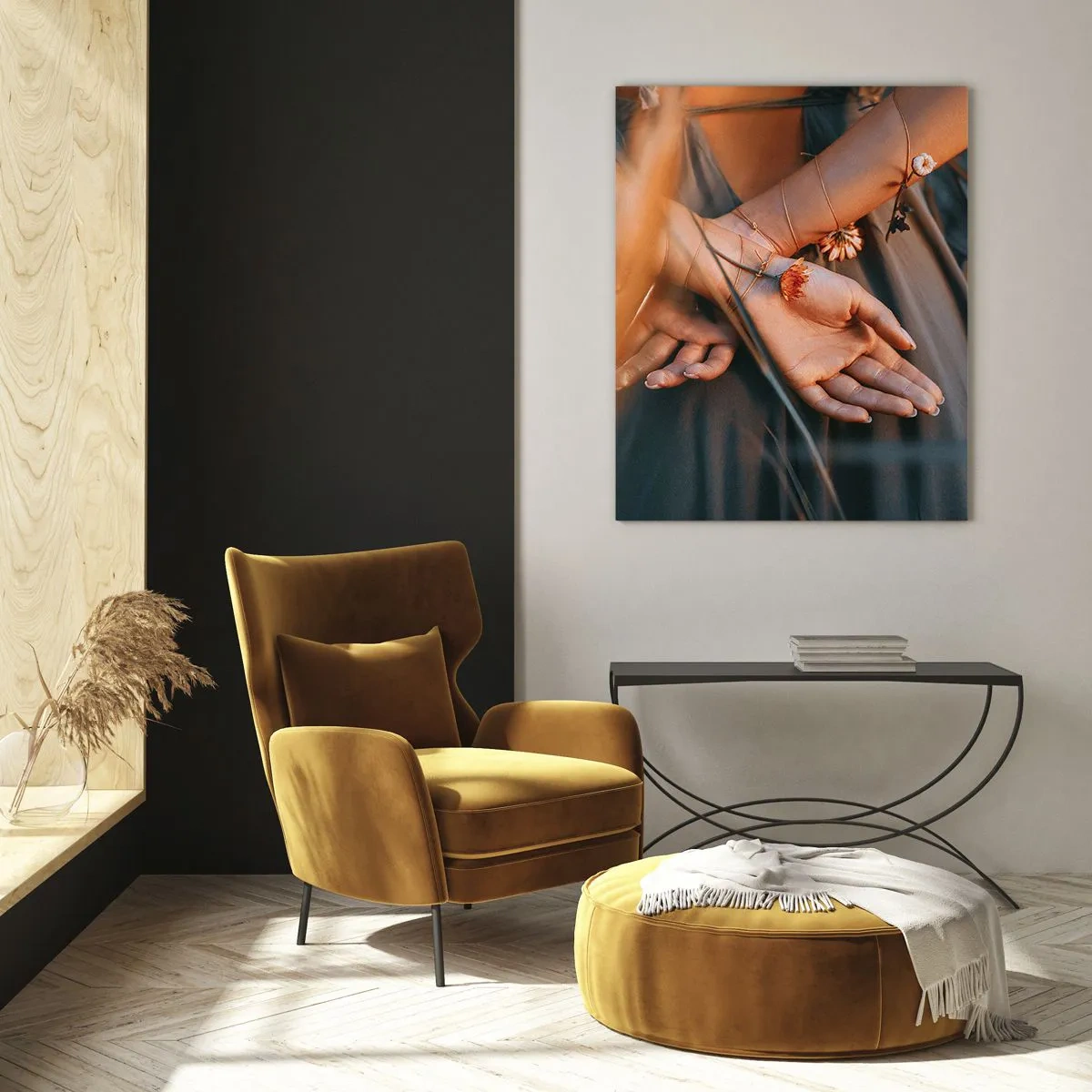 Obraz na szkle - Zmysłowe dłonie z kwiatami w naturalnym otoczeniu - 70x100cm - Związana z naturą - Nowoczesna dekoracja ścienna do salonu i sypialni ARTTOR