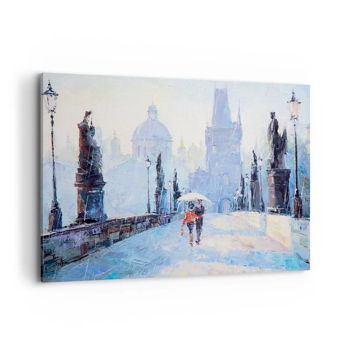 Obraz na płótnie - Romantyczna para na moście w deszczu, malarska scena - 100x70cm - Nas zaczarować musiał deszcz - Nowoczesna dekoracja ścienna do salonu, kuchni i sypialni ARTTOR