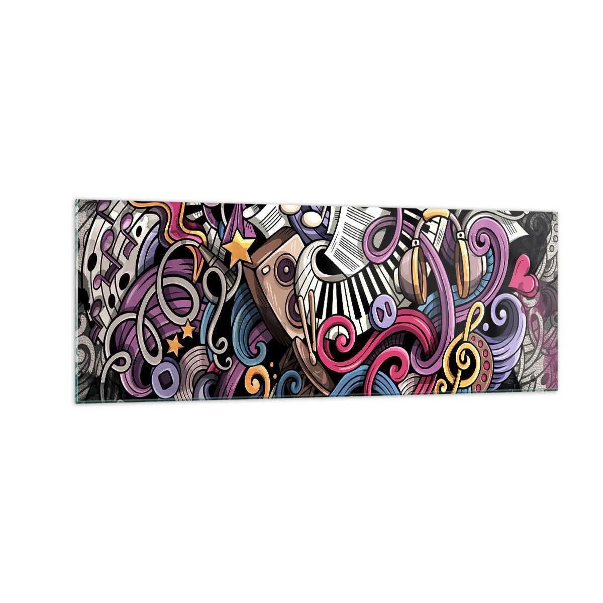Obraz na szkle - Muzyczna abstrakcja pełna kolorowych instrumentów i nut - 140x50cm - Skomplikowana melodia - Nowoczesna dekoracja ścienna do salonu i sypialni ARTTOR