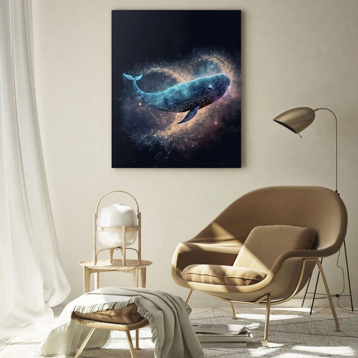 Obraz na szkle - Niebieski wieloryb unoszący się w galaktyce - 50x70cm - Jest taki świat… - Nowoczesna dekoracja ścienna do salonu, kuchni i sypialni ARTTOR