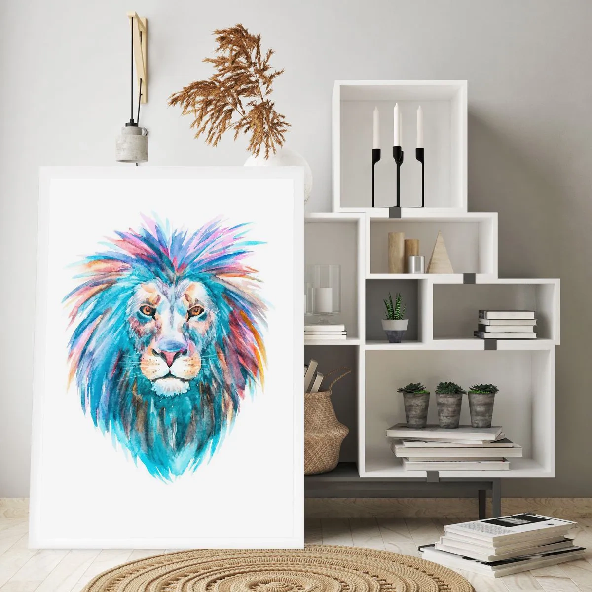 Plakat - Lew w kolorowej akwareli na białym tle - 50x70cm - Elektryzująca aura - Nowoczesna dekoracja ścienna do salonu, kuchni i sypialni ARTTOR