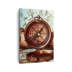 Obraz na płótnie - Zestaw retro z kompasem, lunetą i mapą w klimacie podróżniczym - 70x100cm - Piracka przygoda na Karaibach czeka - Nowoczesna dekoracja ścienna do salonu i sypialni ARTTOR