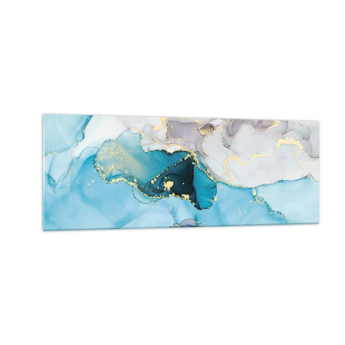 Obraz na szkle - Abstrakcja w odcieniach błękitu i złota z subtelnymi liniami - 140x50cm - Studium spotkania szarości z turkusem - Nowoczesna dekoracja ścienna do salonu i sypialni ARTTOR