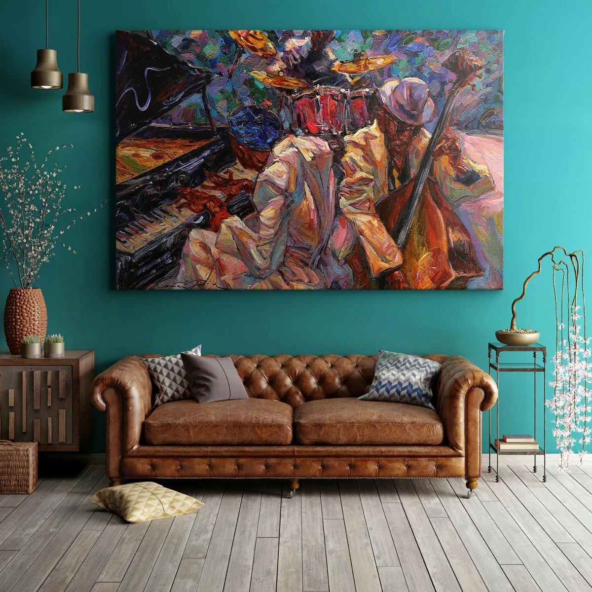 Obraz na płótnie - Energetyczna scena jazzowa z muzykami i instrumentami - 70x50cm - W jednym rytmie - Nowoczesna dekoracja ścienna do salonu i sypialni ARTTOR