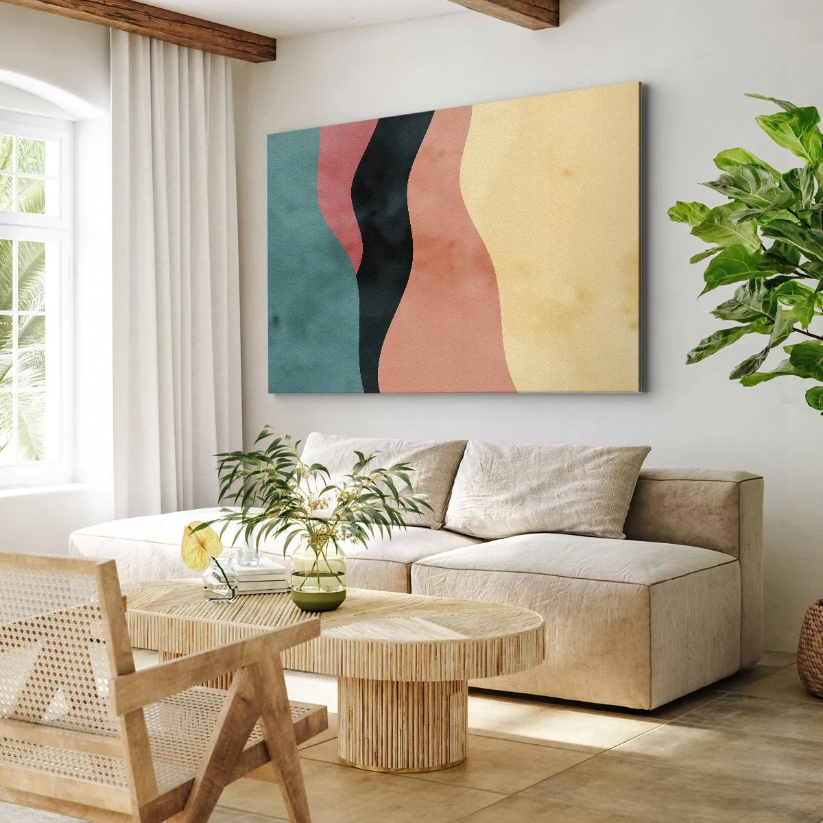 Obraz na płótnie - Abstrakcyjne fale w pastelowych barwach - 70x50cm - Zgodna niezgodność - Nowoczesna dekoracja ścienna do salonu i sypialni ARTTOR