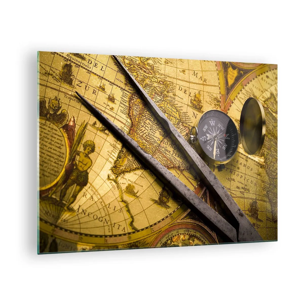Obraz na szkle - Stara mapa z kompasem i cyrklem - 70x50cm - Gdze te skarby? - Nowoczesna dekoracja ścienna do salonu i sypialni ARTTOR