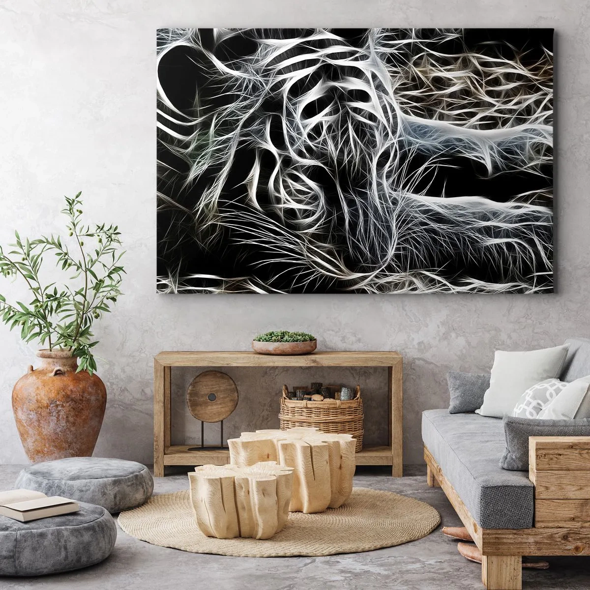 Obraz na płótnie - Abstrakcyjny wzór przedstawiający sylwetkę kota na czarnym tle - 120x80cm - Studium kociej lekkości - Nowoczesna dekoracja ścienna do salonu, kuchni i sypialni ARTTOR