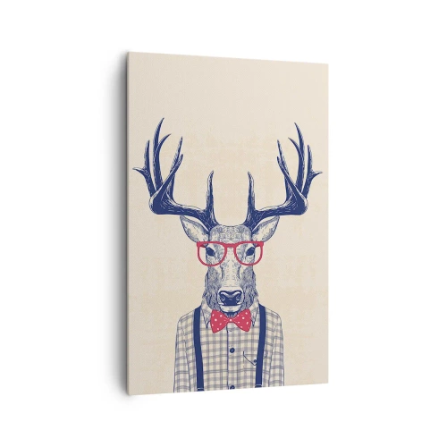 Obraz na płótnie - Stylizowana grafika jelenia w okularach i muszce - 80x120cm - Zabawna ekstrawagancja - Nowoczesna dekoracja ścienna do salonu i sypialni ARTTOR