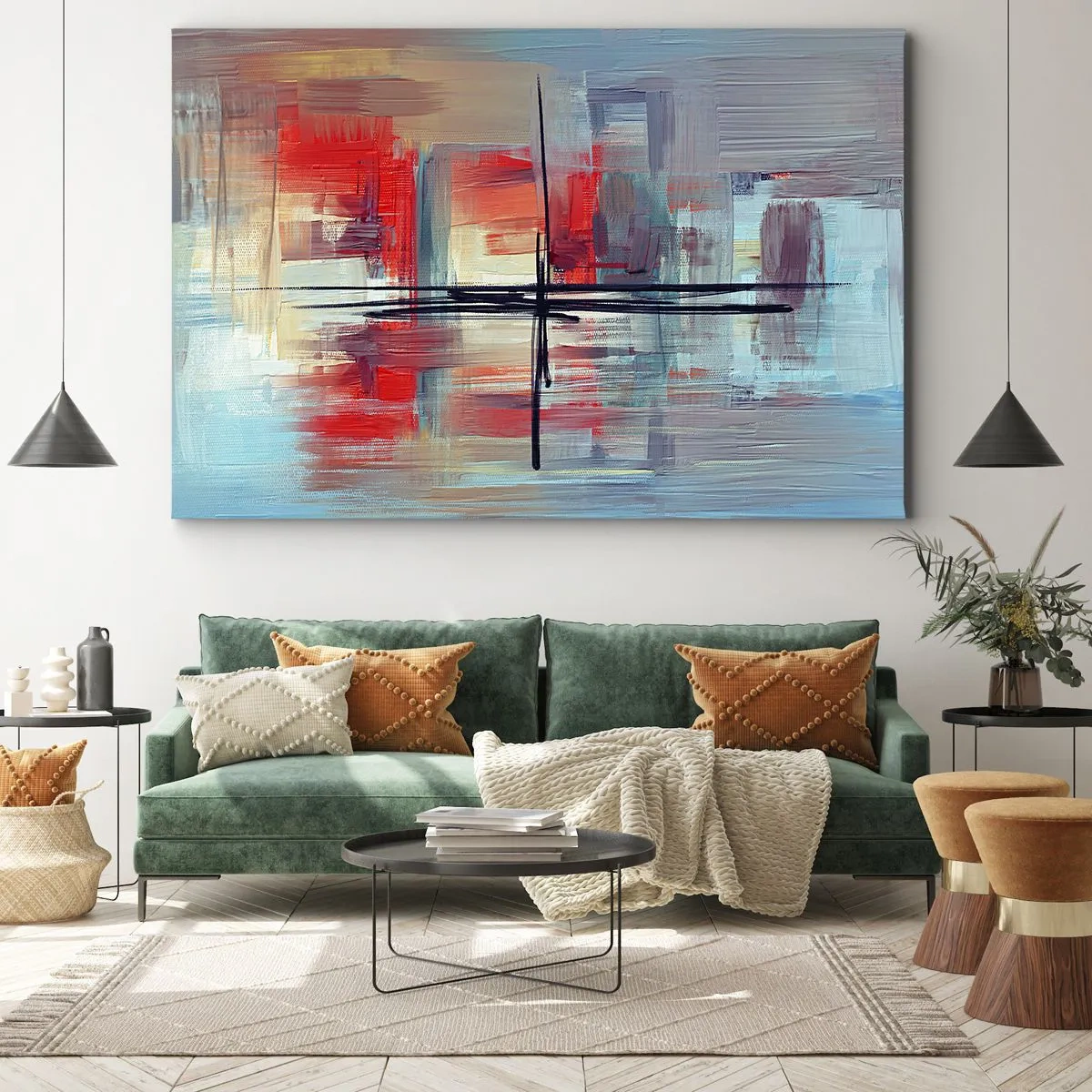 Obraz na płótnie - Abstrakcyjna kompozycja z intensywnymi barwami, liniami i geometrycznymi kształtami - 70x50cm - Pejzaż w nieznanym wymiarze - Nowoczesna dekoracja ścienna do salonu i sypialni ARTTOR