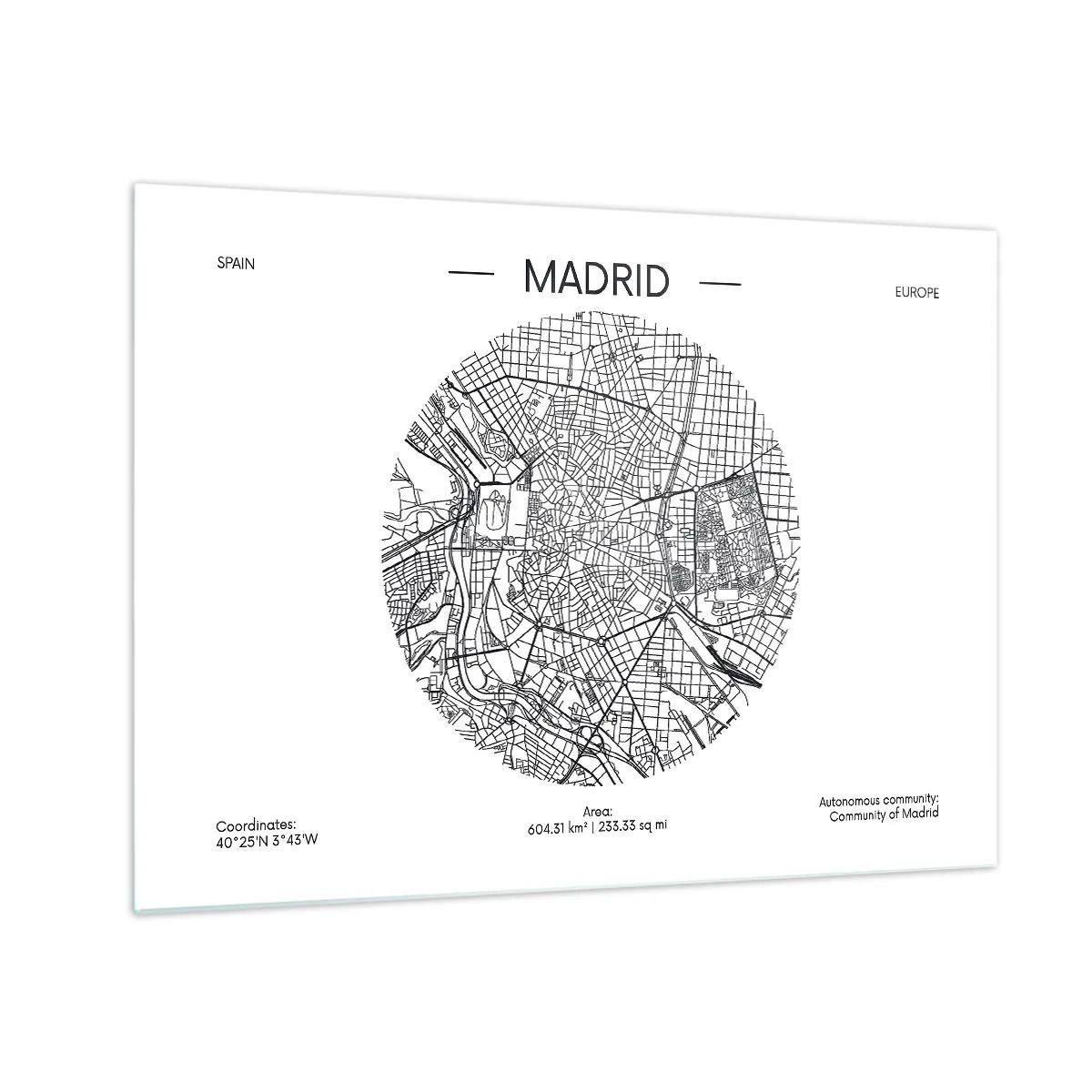 Obraz na szkle - Czarno-biała minimalistyczna mapa Madrytu w formie koła - 70x50cm - Anatomia Madrytu - Nowoczesna dekoracja ścienna do salonu i sypialni ARTTOR