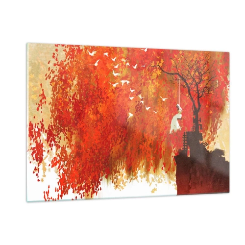Obraz na szkle - Czerwone liście, samotne drzewo i ptaki na tle jesiennej sceny - 120x80cm - Poleci z nimi? - Nowoczesna dekoracja ścienna do salonu, kuchni i sypialni ARTTOR