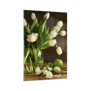 Obraz na szkle - Bukiet białych tulipanów w szklanym wazonie z zielonymi jabłkami - 70x100cm - Soczyste i świeże w zieleni i bieli - Nowoczesna dekoracja ścienna do salonu i sypialni ARTTOR