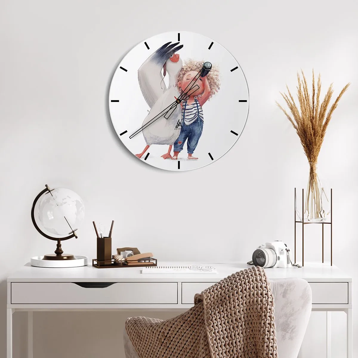 Zegar ścienny - Dziecko z lornetką i dużym ptakiem na białym tle - 30x30cm - Plan wielkiej podróży - Nowoczesna dekoracja ścienna do salonu, kuchni i sypialni ARTTOR