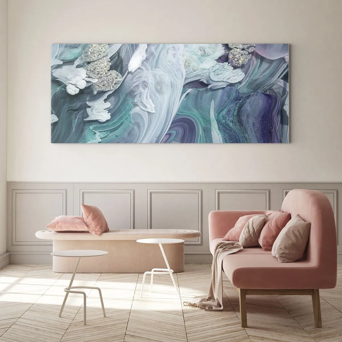 Obraz na szkle - Abstrakcyjne wiry w odcieniach błękitu i bieli - 120x50cm - Nurty błękitu - Nowoczesna dekoracja ścienna do salonu i sypialni ARTTOR