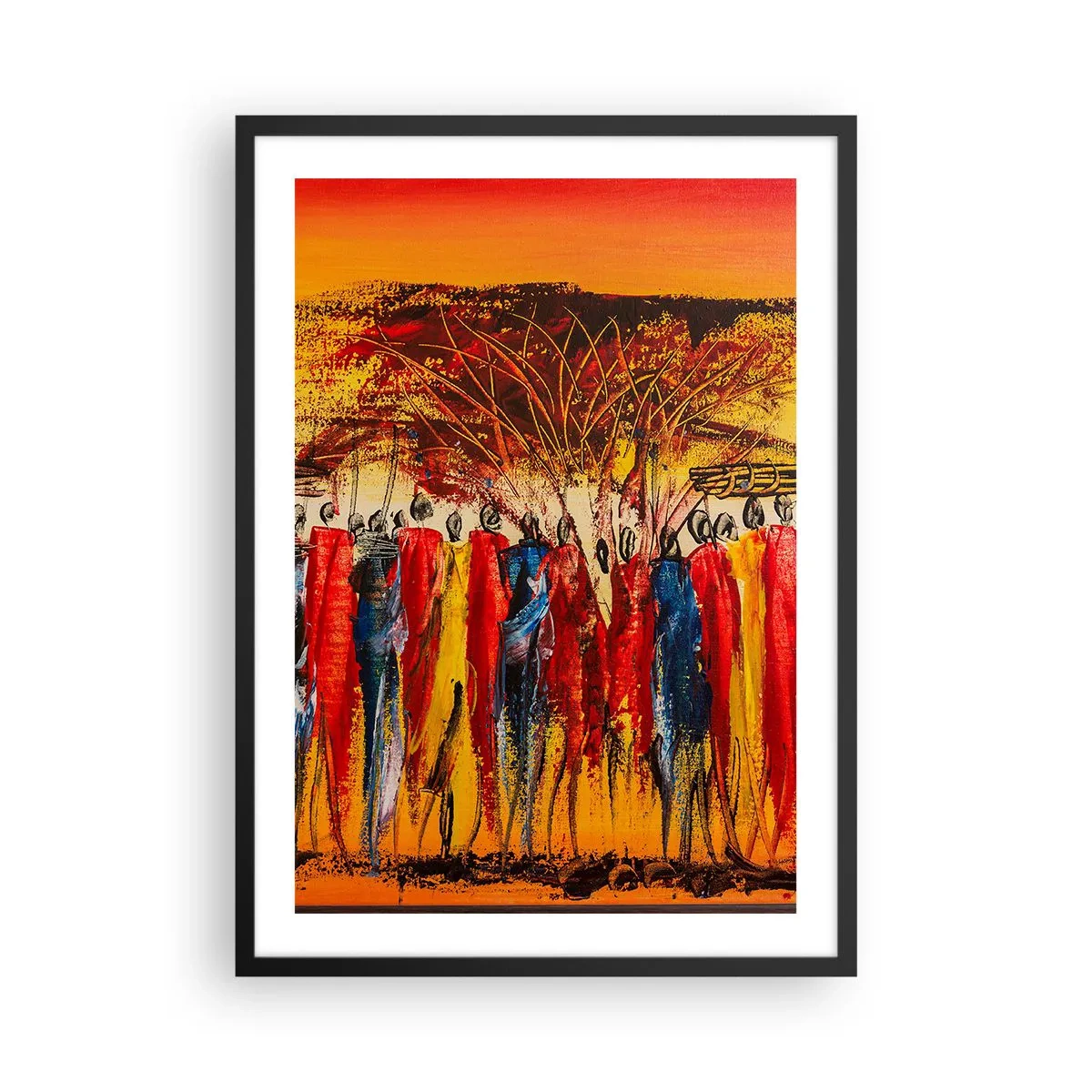Plakat w czarnej ramie - Abstrakcyjna scena afrykańska z żywymi kolorami - 50x70cm - Tam, tam, tam tam idą - Nowoczesna dekoracja ścienna do salonu i sypialni ARTTOR