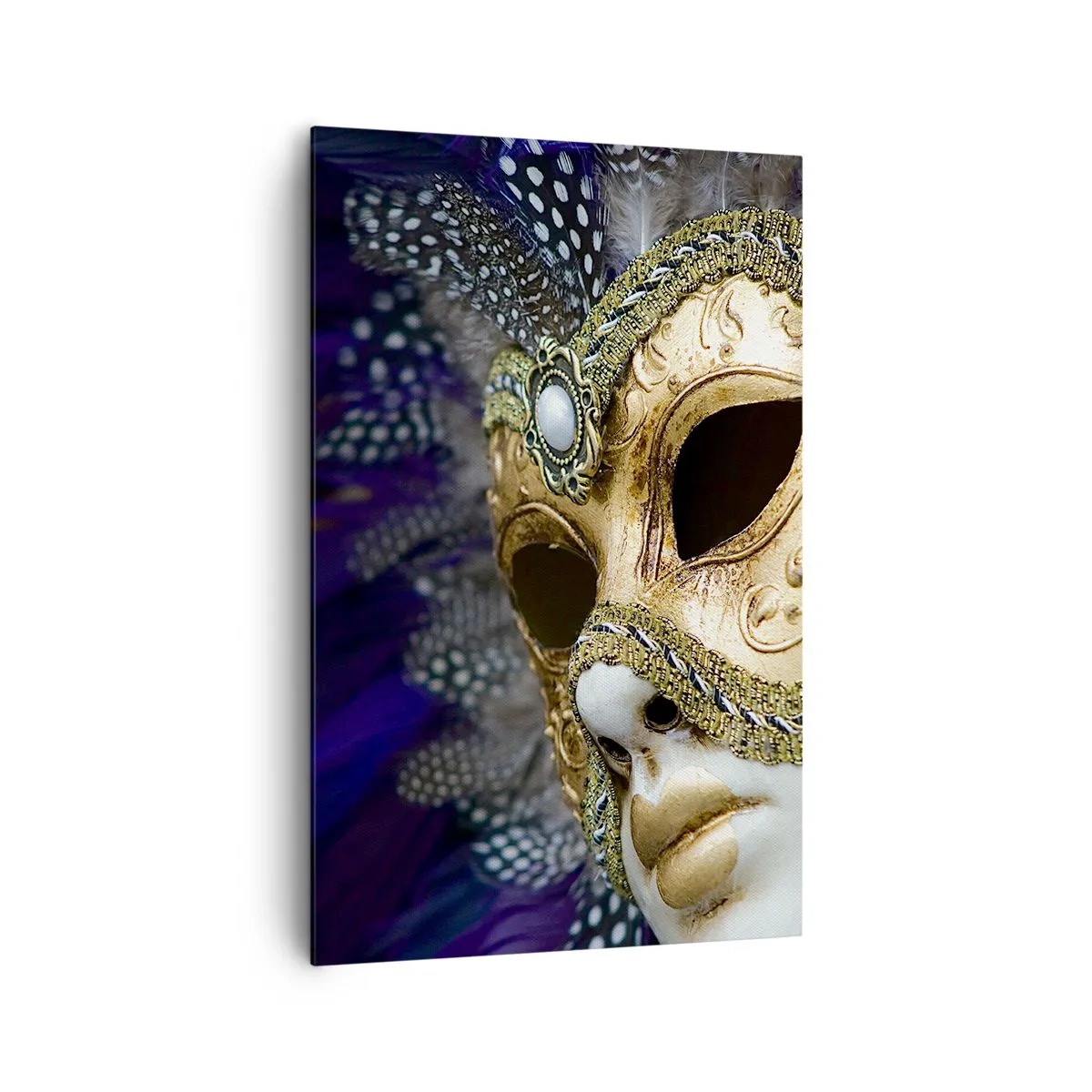 Obraz na płótnie - Złota maska wenecka z ozdobnymi piórami i ornamentami - 80x120cm - Portret wenecki w złocie - Nowoczesna dekoracja ścienna do salonu i sypialni ARTTOR